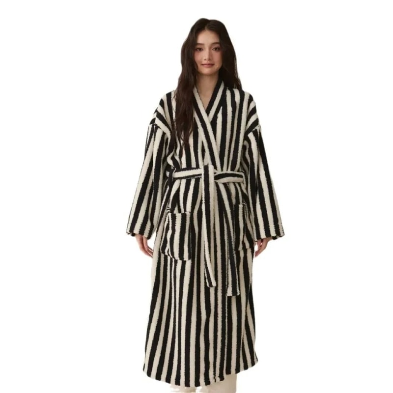 Thickened Flannel Robe Pants Pajamas Set Professional AutumnWinter Striped Couples Home Clothes 2