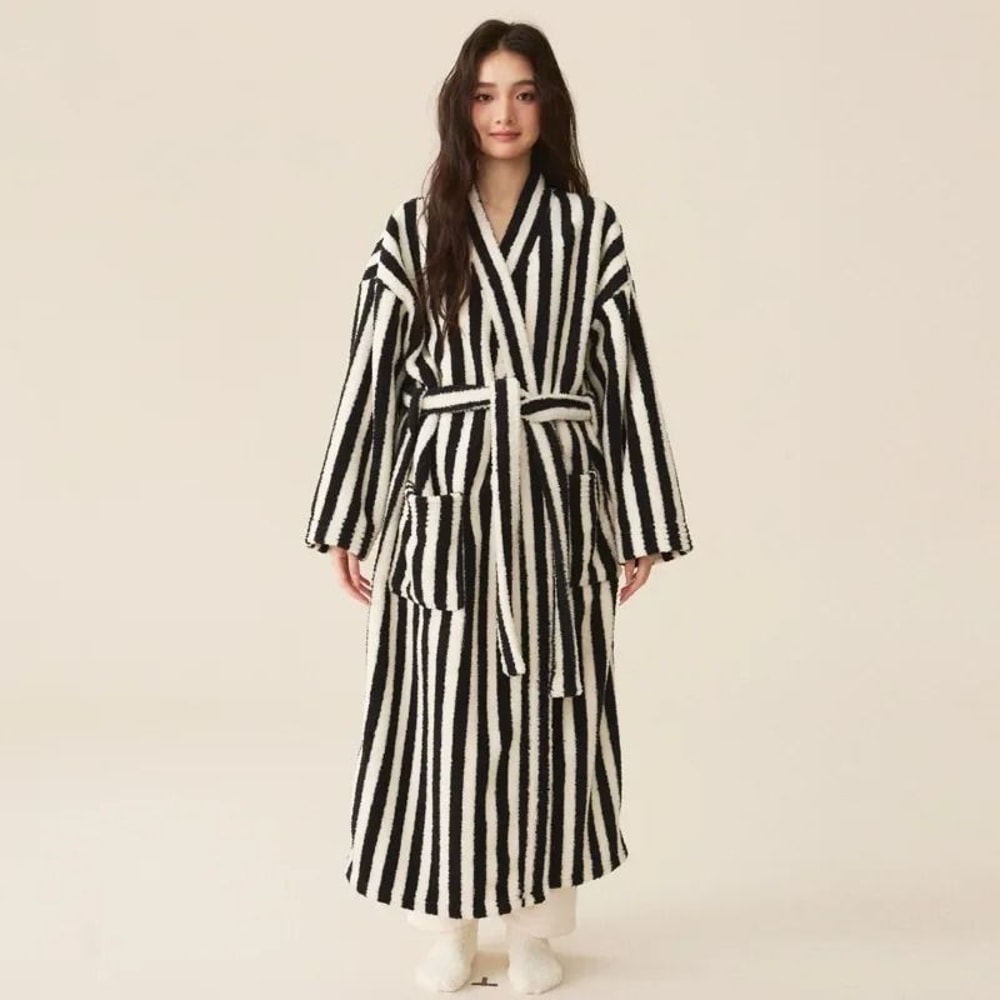 Thickened Flannel Robe Pants Pajamas Set Professional AutumnWinter Striped Couples Home Clothes 3