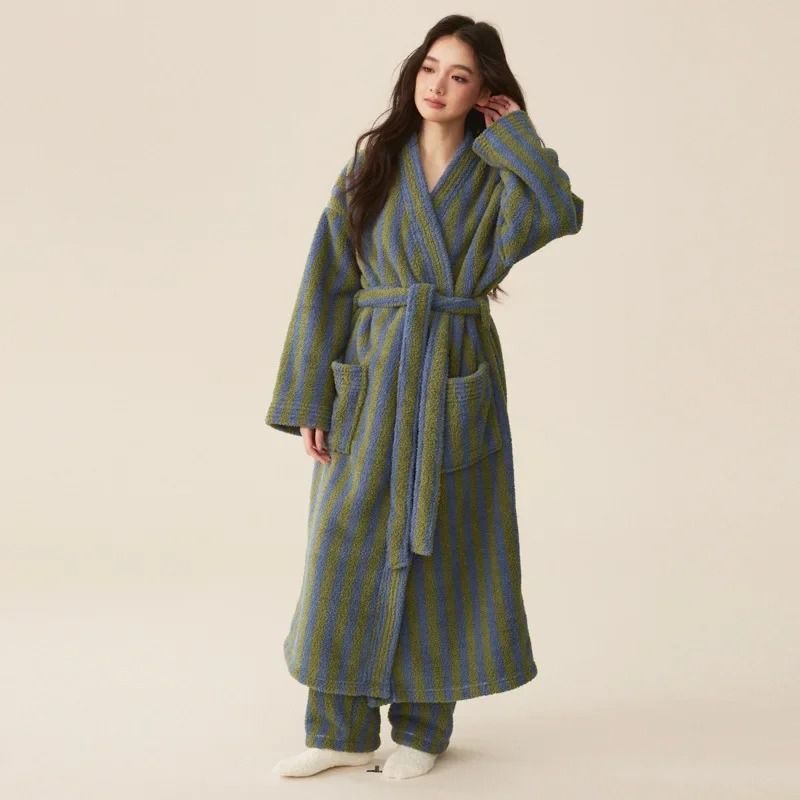 Thickened Flannel Robe Pants Pajamas Set Professional AutumnWinter Striped Couples Home Clothes 5