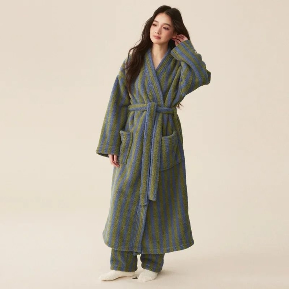 Thickened Flannel Robe Pants Pajamas Set Professional AutumnWinter Striped Couples Home Clothes 6