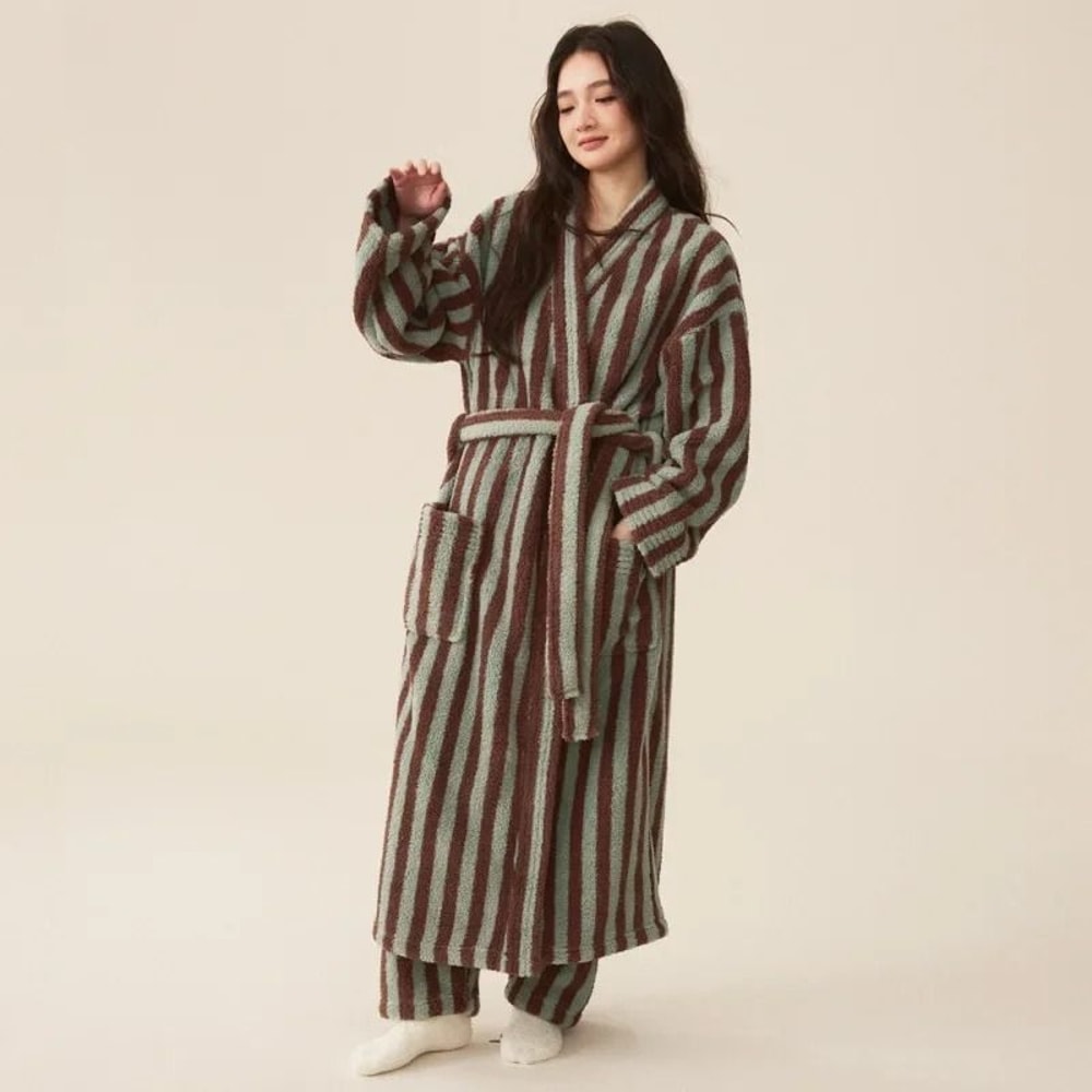 Thickened Flannel Robe Pants Pajamas Set Professional AutumnWinter Striped Couples Home Clothes 15