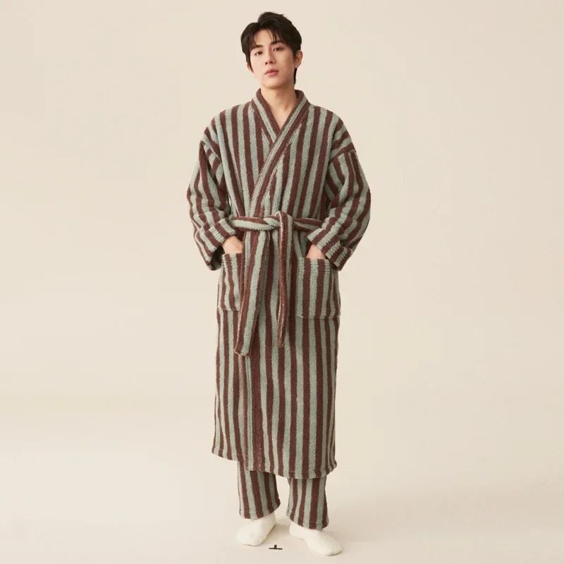 Thickened Flannel Robe Pants Pajamas Set Professional AutumnWinter Striped Couples Home Clothes 19