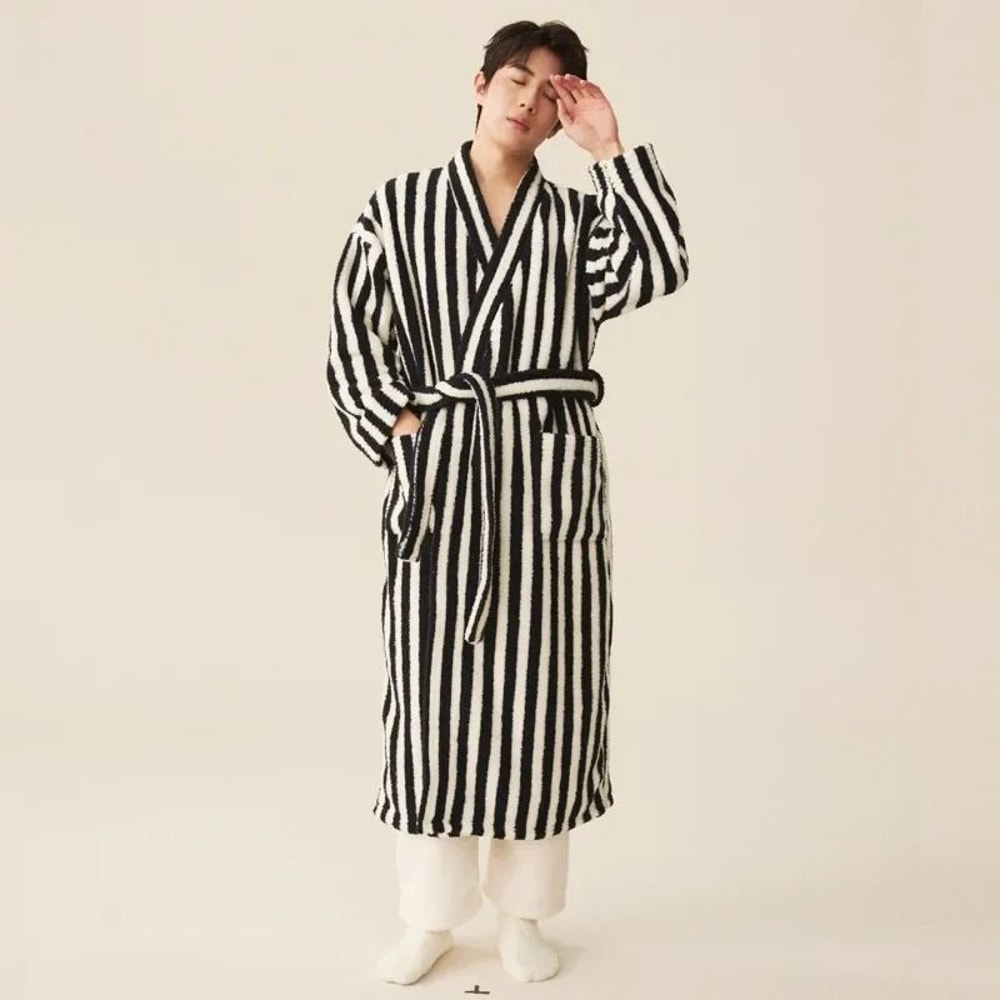 Thickened Flannel Robe Pants Pajamas Set Professional AutumnWinter Striped Couples Home Clothes 21