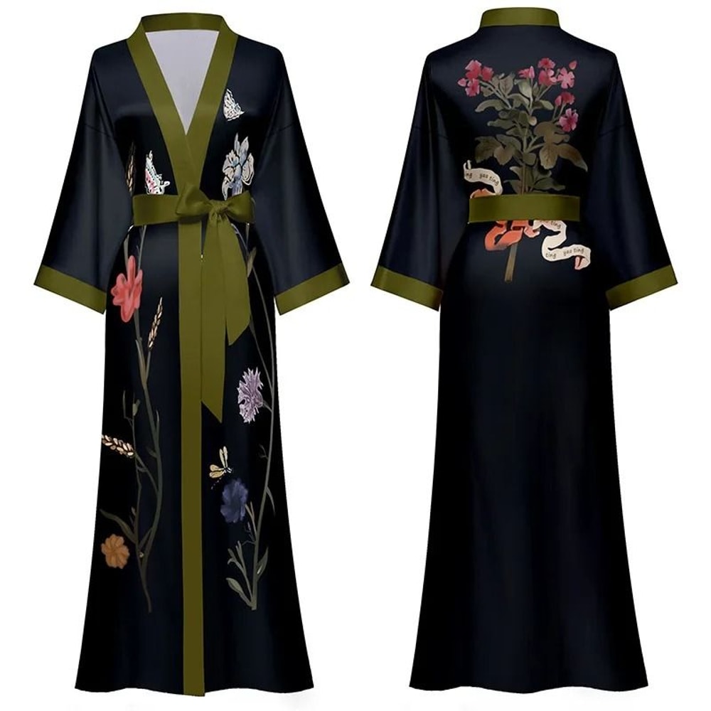 Black Floral Print Long Robe Set Professional Rayon Kimono Sexy Summer Nightgown Loungewear 0