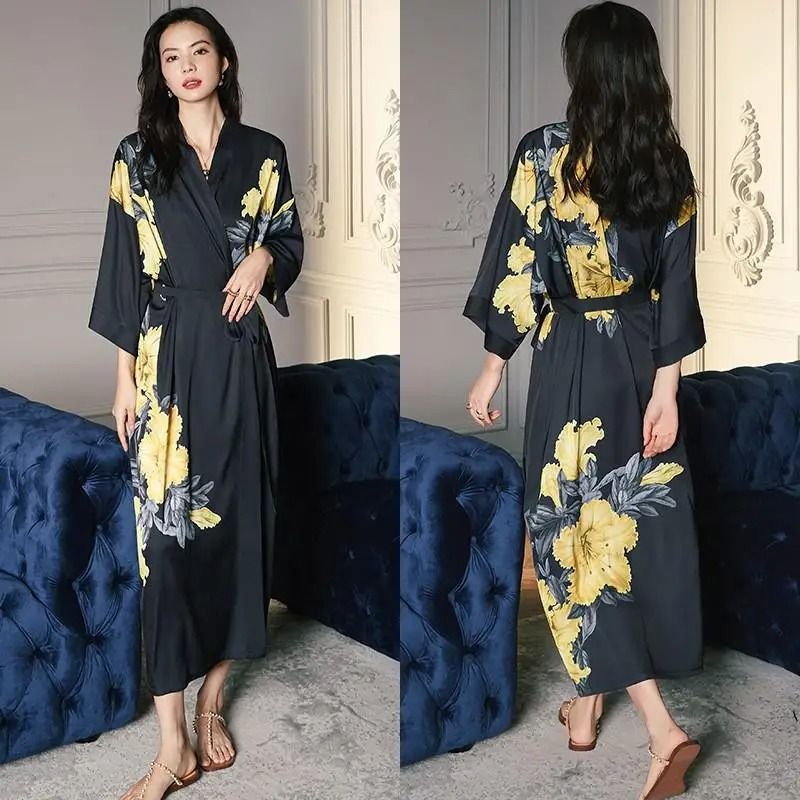 Black Floral Print Long Robe Set Professional Rayon Kimono Sexy Summer Nightgown Loungewear 10