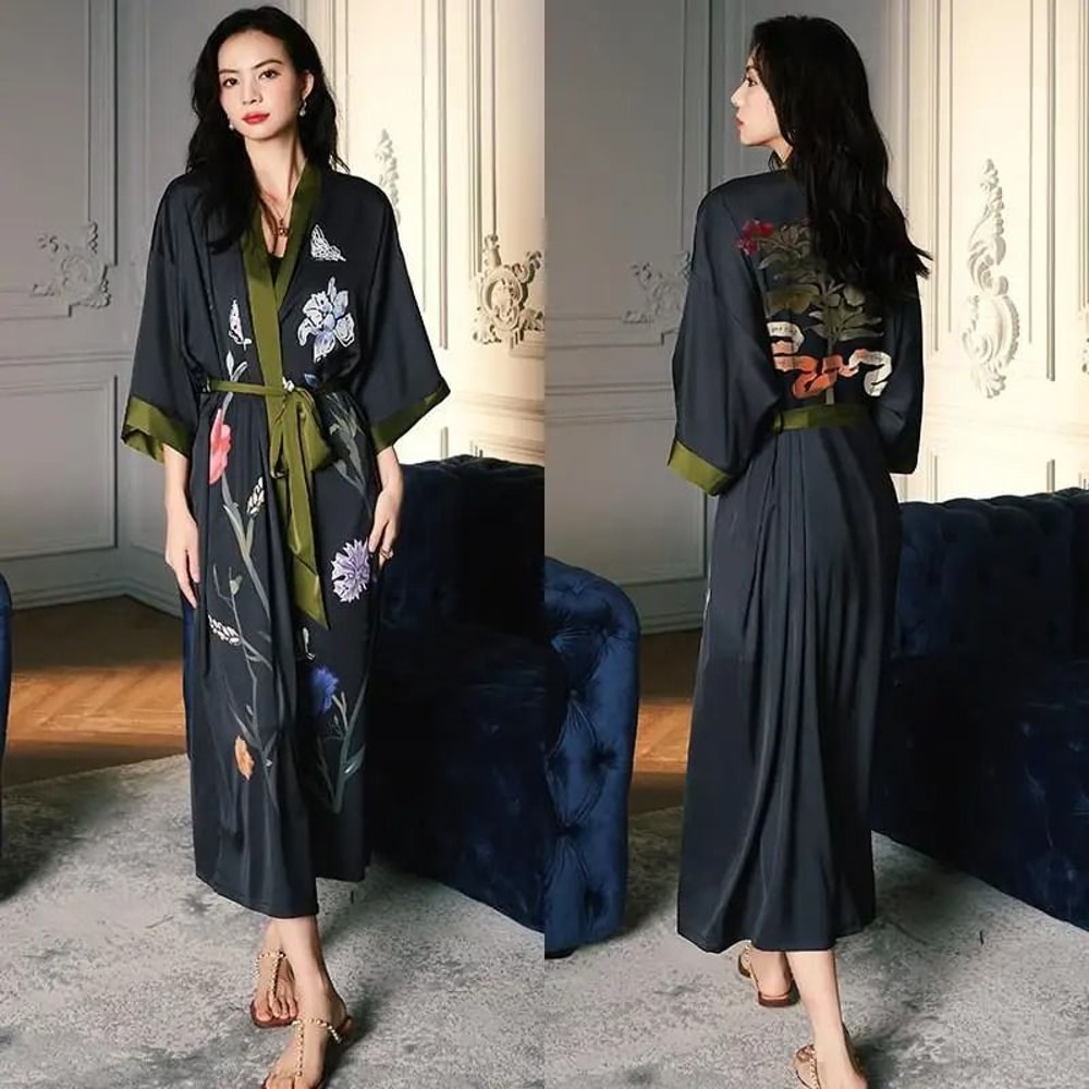 Black Floral Print Long Robe Set Professional Rayon Kimono Sexy Summer Nightgown Loungewear 6