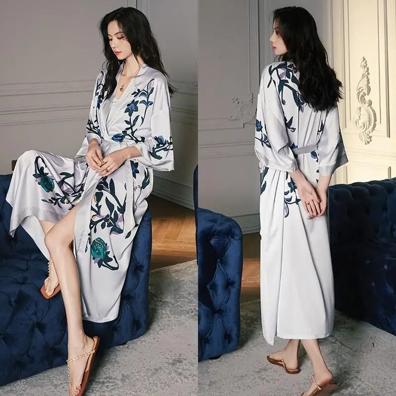 Black Floral Print Long Robe Set Professional Rayon Kimono Sexy Summer Nightgown Loungewear 19