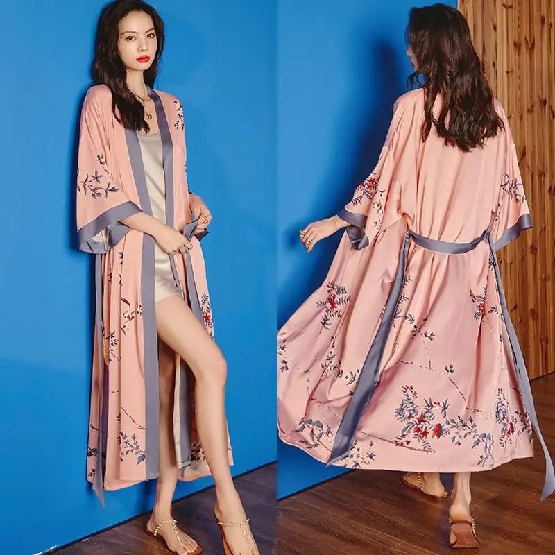 Black Floral Print Long Robe Set Professional Rayon Kimono Sexy Summer Nightgown Loungewear 20