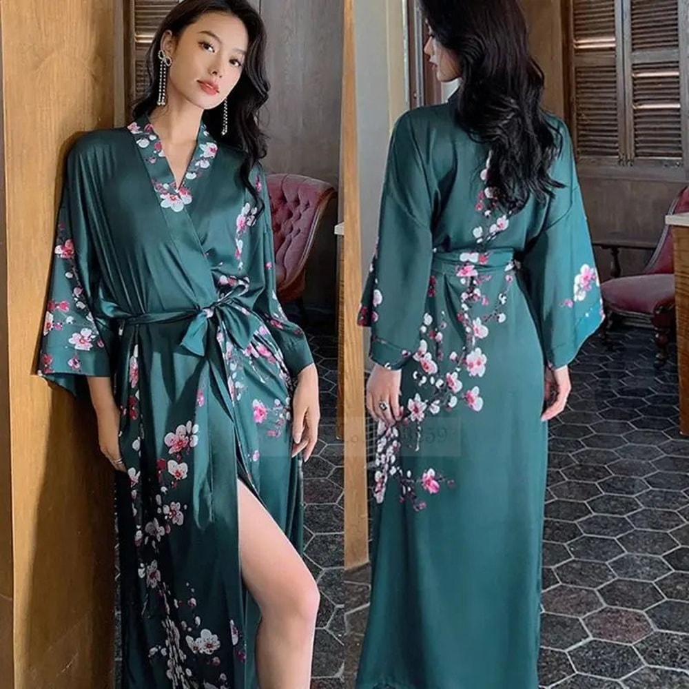 Black Floral Print Long Robe Set Professional Rayon Kimono Sexy Summer Nightgown Loungewear 21