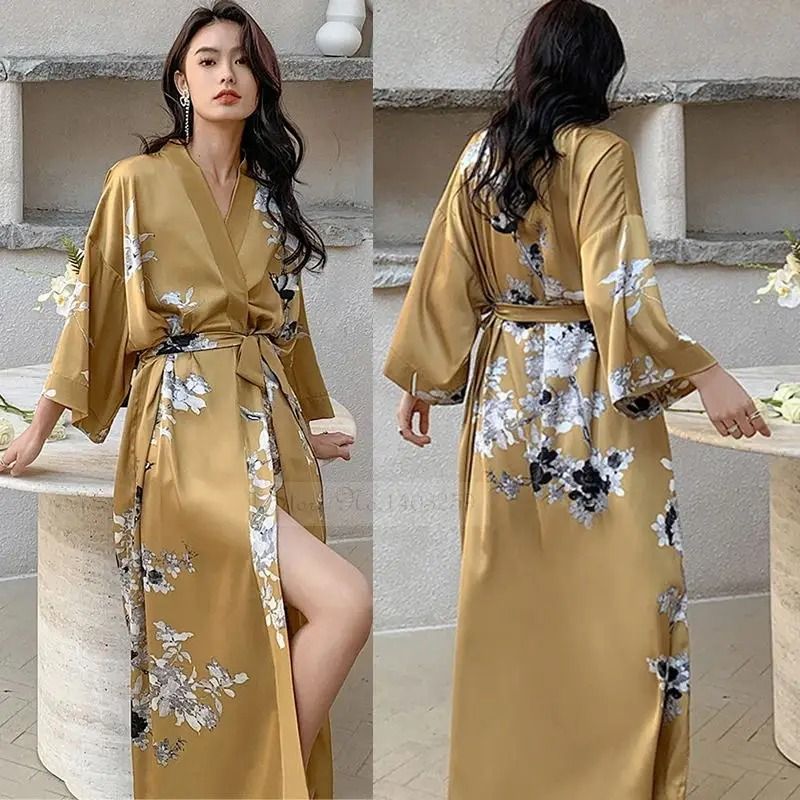 Black Floral Print Long Robe Set Professional Rayon Kimono Sexy Summer Nightgown Loungewear 23