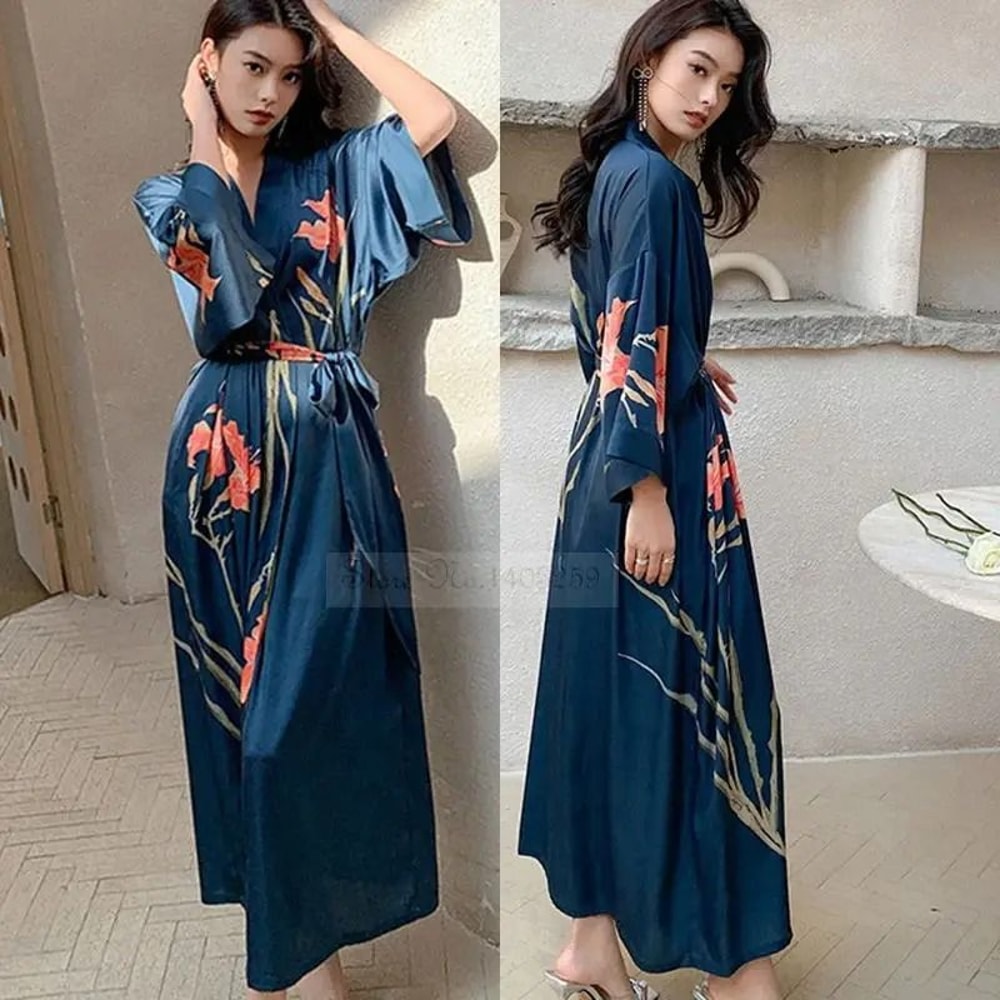 Black Floral Print Long Robe Set Professional Rayon Kimono Sexy Summer Nightgown Loungewear 25