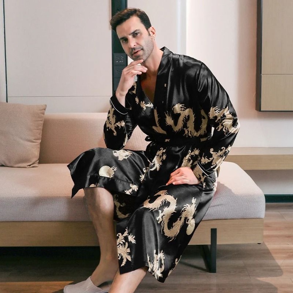 Mens Ice Silk Oversized Bathrobe Professional LongSleeved SpringAutumn Nightgown Summer Home Clot 4