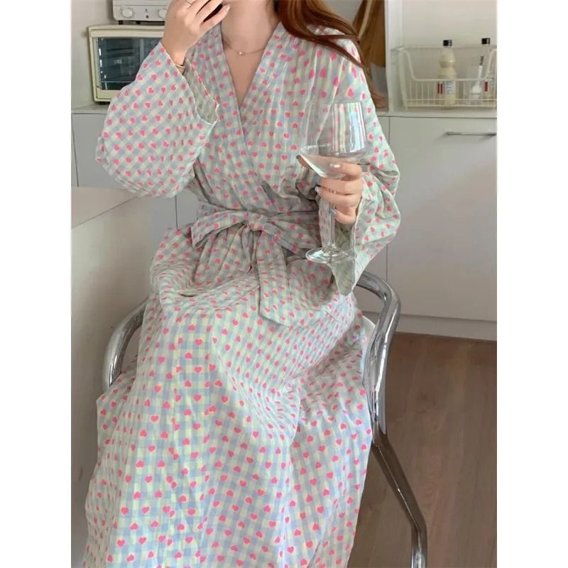Love Plaid Long Kimono Robe Set Professional VNeck Bathrobe LaceUp Trousers Nightgown 3