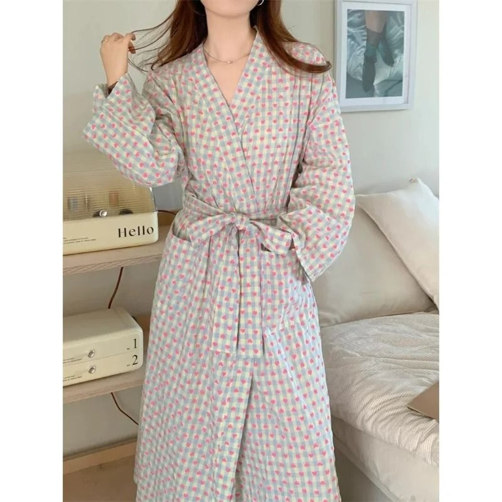 Love Plaid Long Kimono Robe Set Professional VNeck Bathrobe LaceUp Trousers Nightgown 4