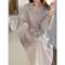 Love Plaid Long Kimono Robe Set Professional VNeck Bathrobe LaceUp Trousers Nightgown 5