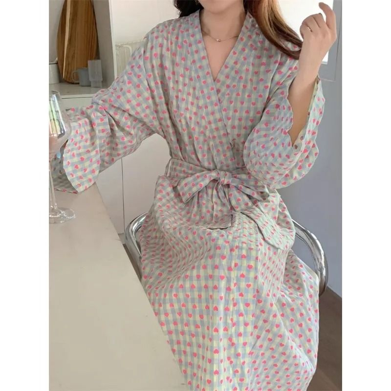 Love Plaid Long Kimono Robe Set Professional VNeck Bathrobe LaceUp Trousers Nightgown 5