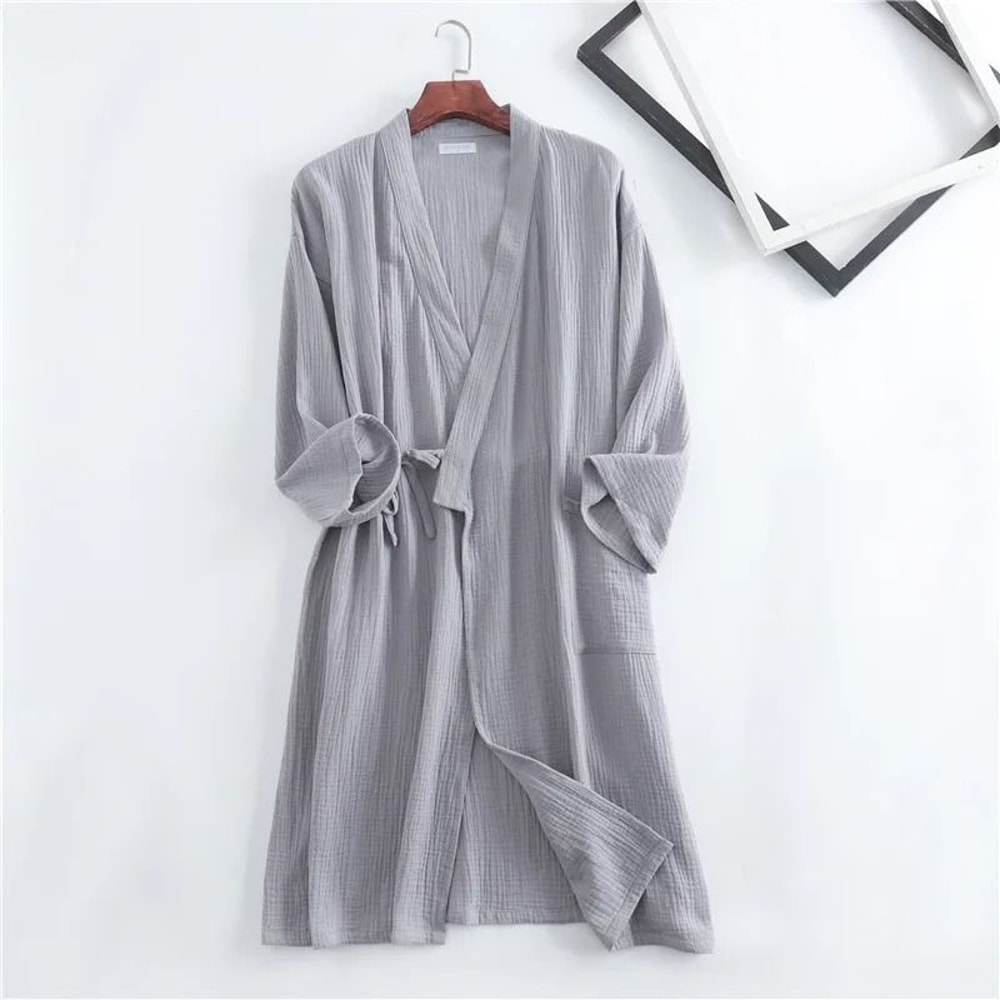 Japanese Cotton Crepe Kimono Robe Professional Couples Bathrobe Breathable SpringAutumn Sleepwear 4