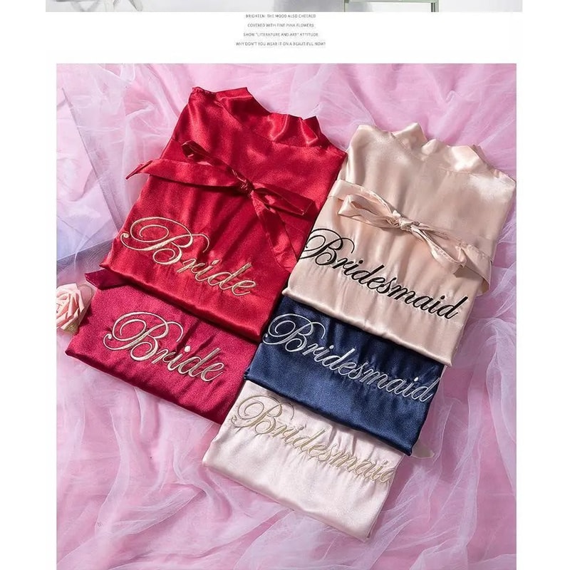 Embroidery Bridal Kimono Robe Professional Satin Nightgown Sexy Short Wedding Bathrobe 2