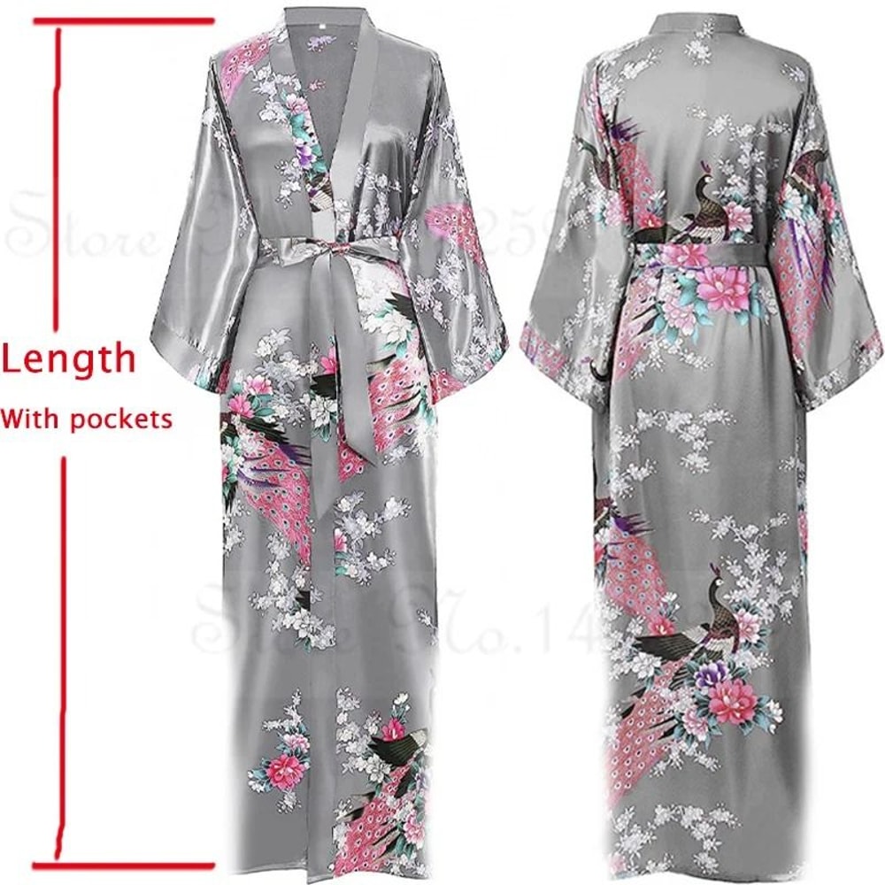 Luxurious Long Satin Kimono Robe Professional Bride Bridesmaid Dressing Gown With Pockets 0
