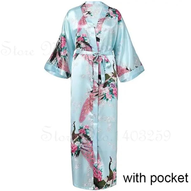 Luxurious Long Satin Kimono Robe Professional Bride Bridesmaid Dressing Gown With Pockets 11