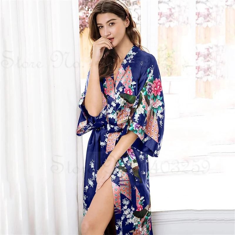Luxurious Long Satin Kimono Robe Professional Bride Bridesmaid Dressing Gown With Pockets 1