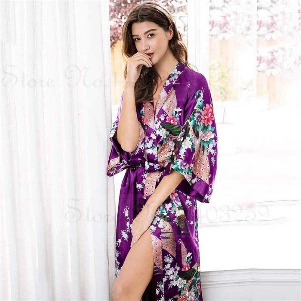Luxurious Long Satin Kimono Robe Professional Bride Bridesmaid Dressing Gown With Pockets 5