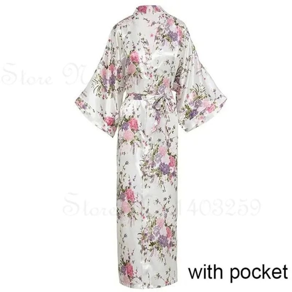 Luxurious Long Satin Kimono Robe Professional Bride Bridesmaid Dressing Gown With Pockets 24