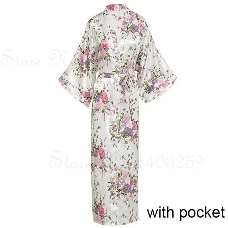 Luxurious Long Satin Kimono Robe Professional Bride Bridesmaid Dressing Gown With Pockets 24