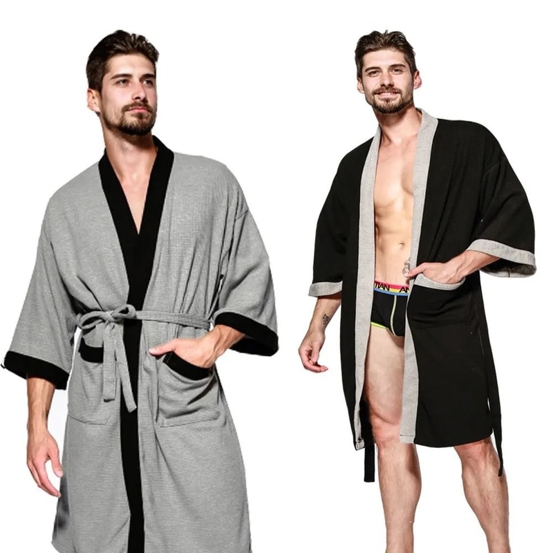 Mens Womens Cotton Waffle Kimono Robe Professional Couples Sauna Yukata Casual Home Wear 0
