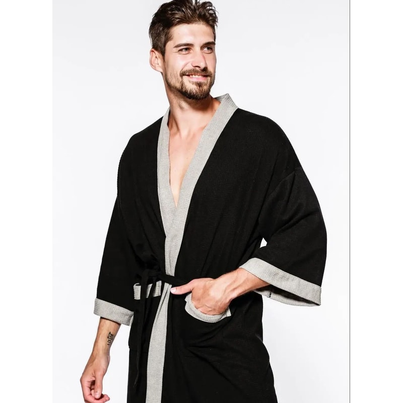 Mens Womens Cotton Waffle Kimono Robe Professional Couples Sauna Yukata Casual Home Wear 2