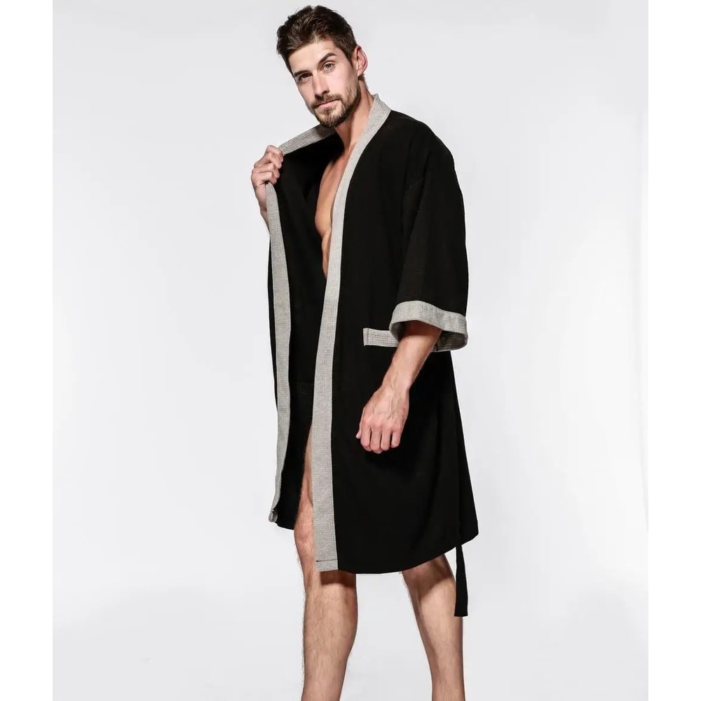 Mens Womens Cotton Waffle Kimono Robe Professional Couples Sauna Yukata Casual Home Wear 3