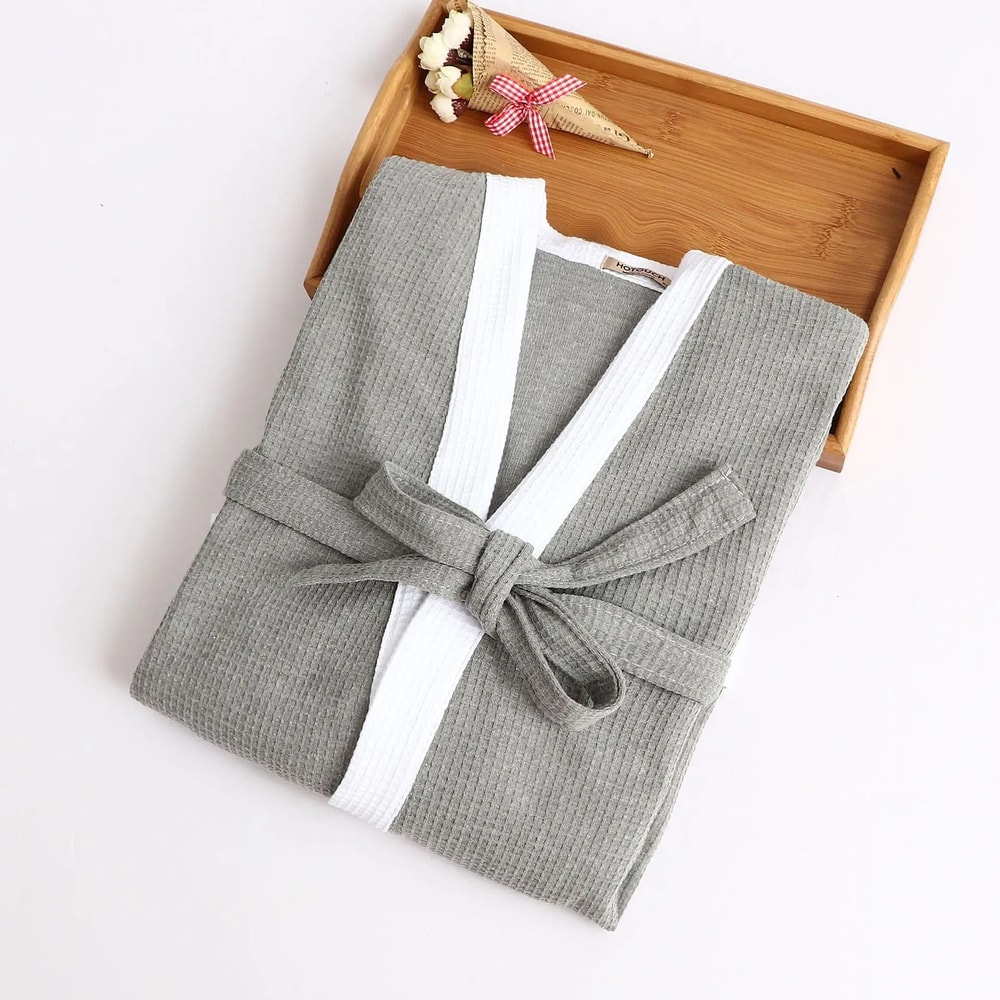 Mens Womens Cotton Waffle Kimono Robe Professional Couples Sauna Yukata Casual Home Wear 8