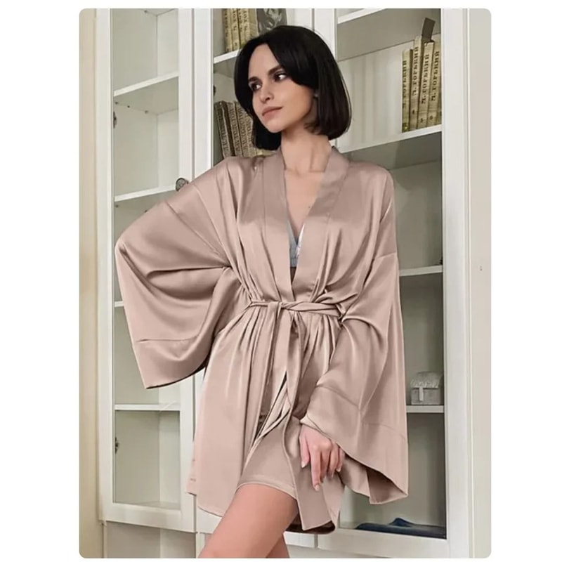 Sexy Flare Sleeve Dressing Gown Professional VNeck Nightwear Loose Black Robe With Sashes 2