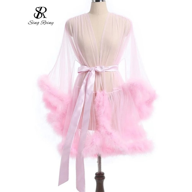 SINGREINY Sheer PlushSpliced Robe Professional Long Sleeve Shapewear Fashionable Erotic Midi Ling 9