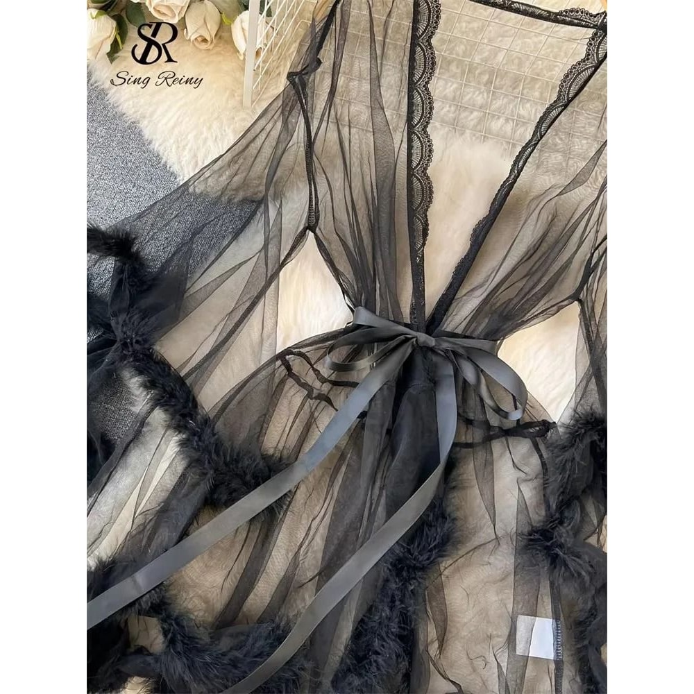 SINGREINY Sheer PlushSpliced Robe Professional Long Sleeve Shapewear Fashionable Erotic Midi Ling 3