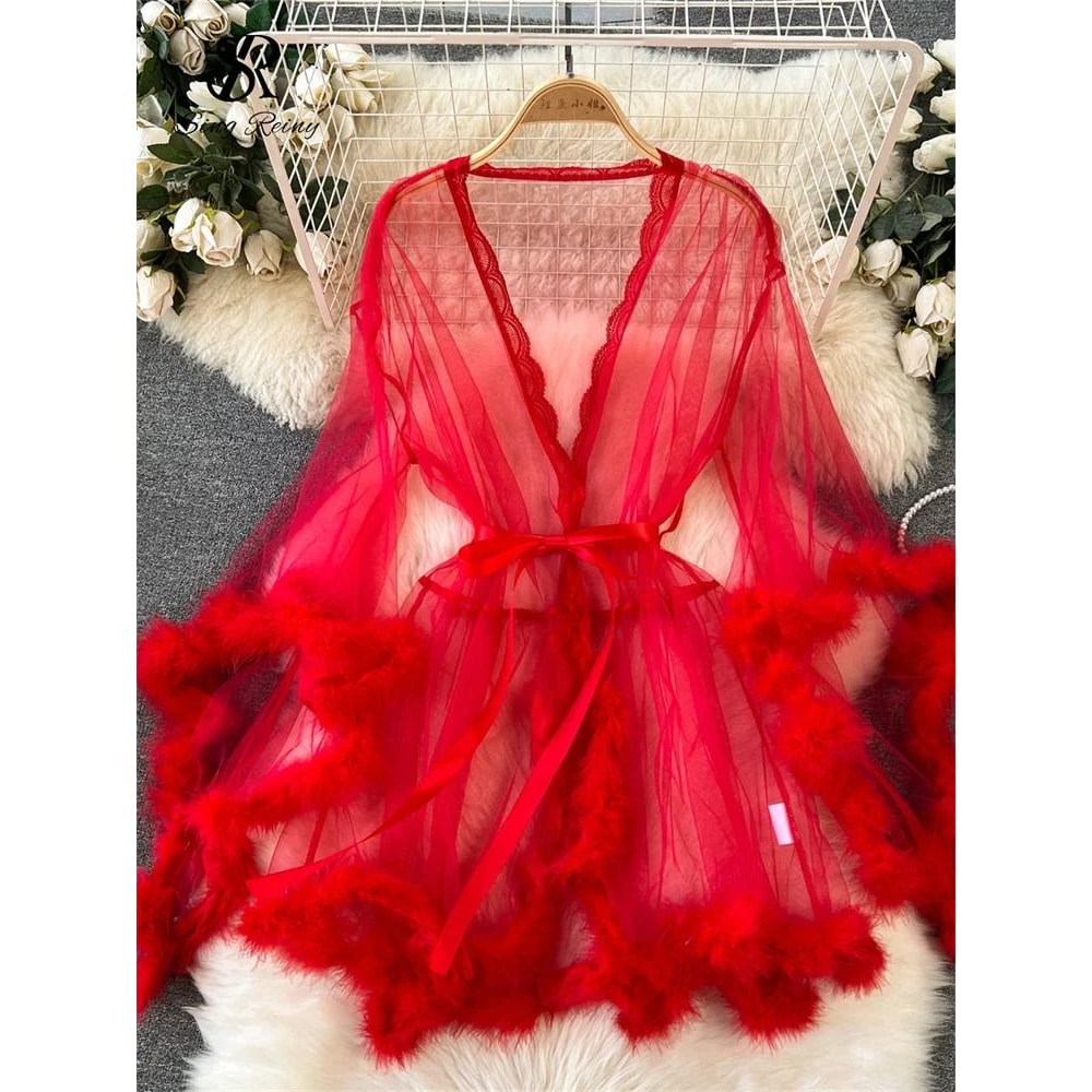 SINGREINY Sheer PlushSpliced Robe Professional Long Sleeve Shapewear Fashionable Erotic Midi Ling 6