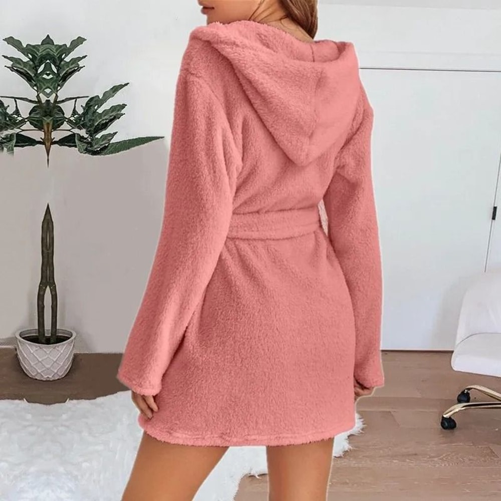 Winter Womens Fluffy Plush Robe Professional Hooded Dressing Gown Warm Solid Color Loungewear 2