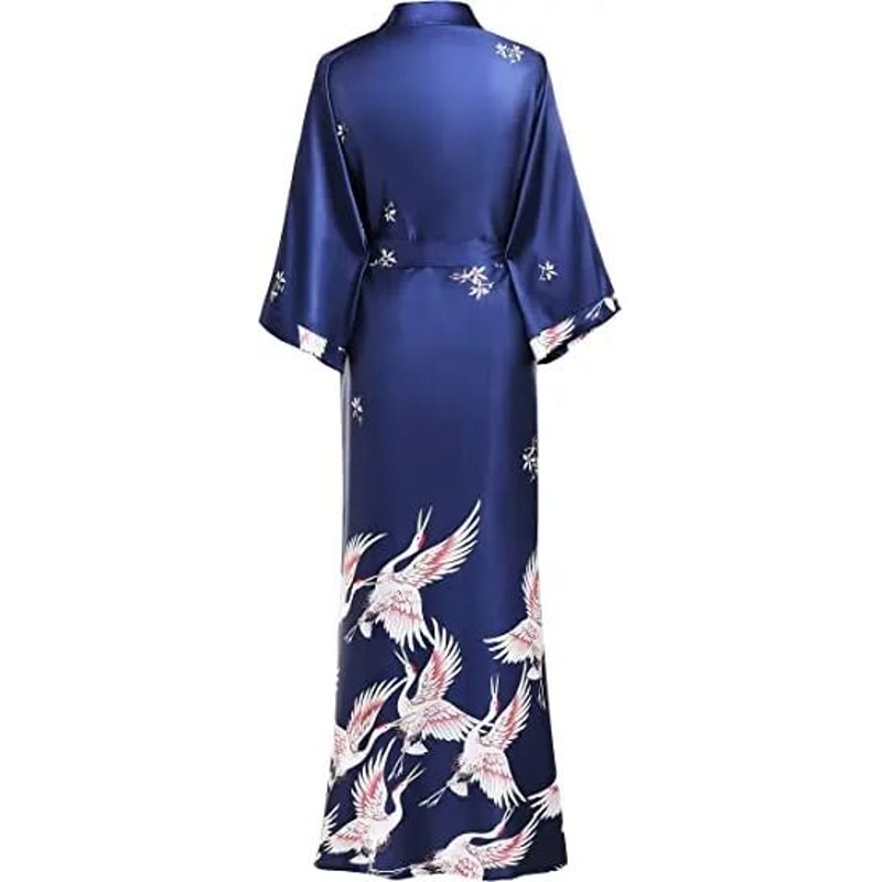 Print Crane Lady Kimono Bathrobe Professional Satin Wedding Robe Soft VNeck Novelty Nightgown 3