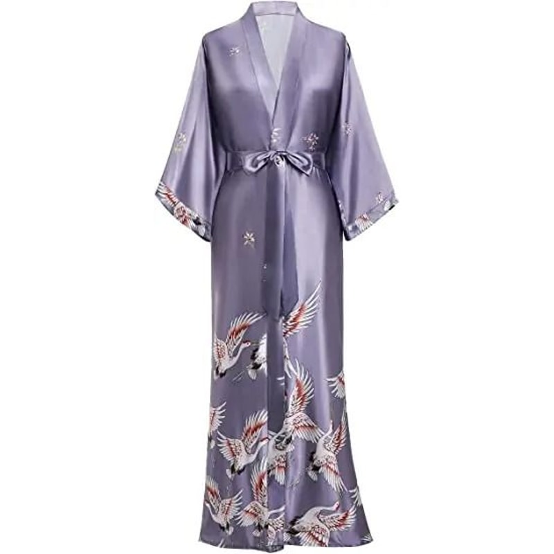 Print Crane Lady Kimono Bathrobe Professional Satin Wedding Robe Soft VNeck Novelty Nightgown 4