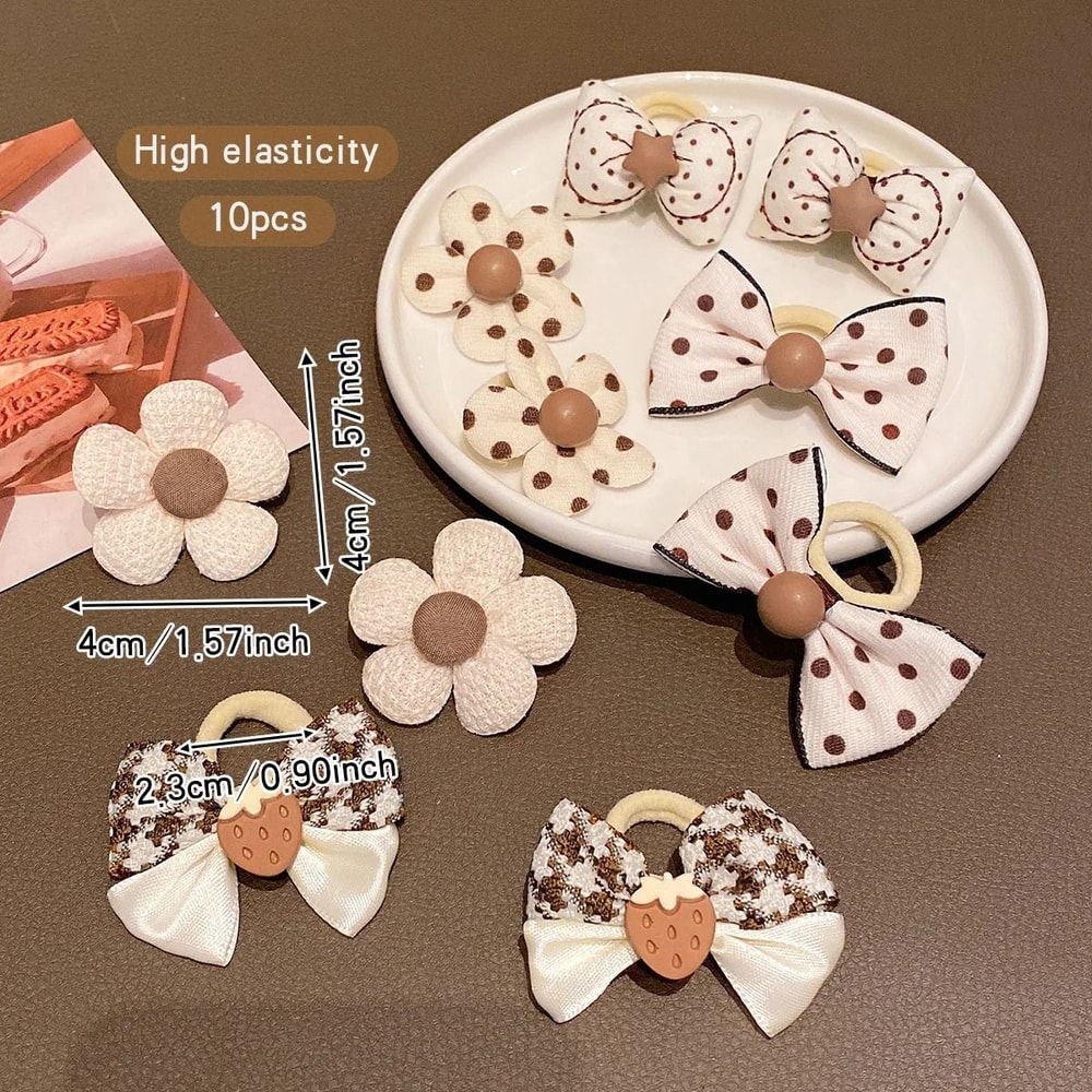 Korean Floral Bow Elastic Hair Bands Sweet HighElasticity Daily Accessories 10pcs Set 1