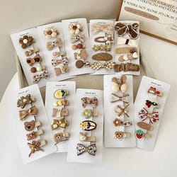 sweet kids plush hair clip set – kawaii autumn/winter beige & coffee bowknot headwear (5pcs)