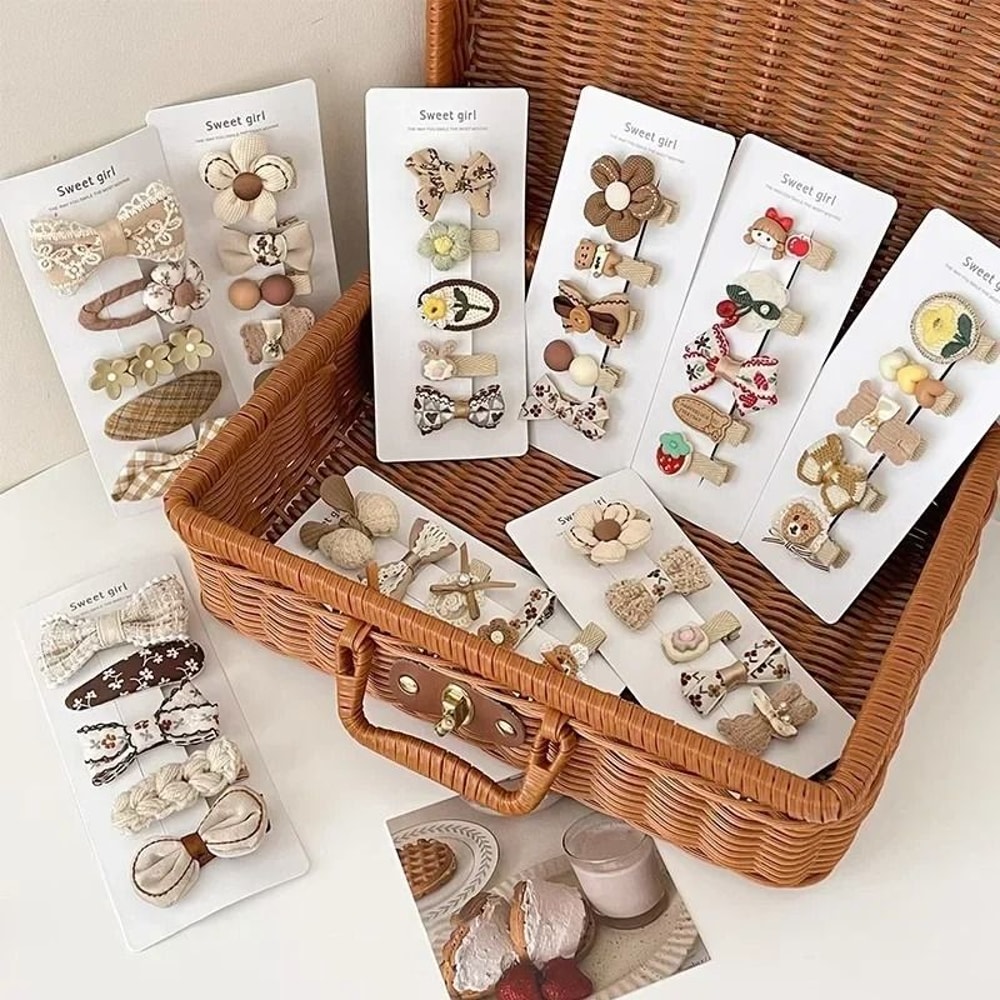 Sweet Kids Plush Hair Clip Set Kawaii AutumnWinter Beige Coffee Bowknot Headwear 5pcs 1