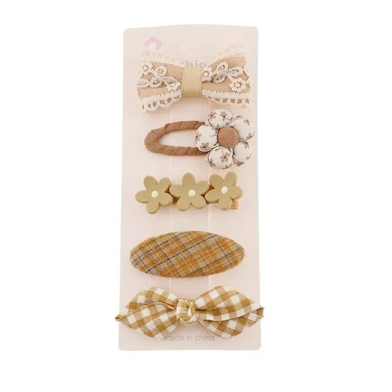 Sweet Kids Plush Hair Clip Set Kawaii AutumnWinter Beige Coffee Bowknot Headwear 5pcs 4