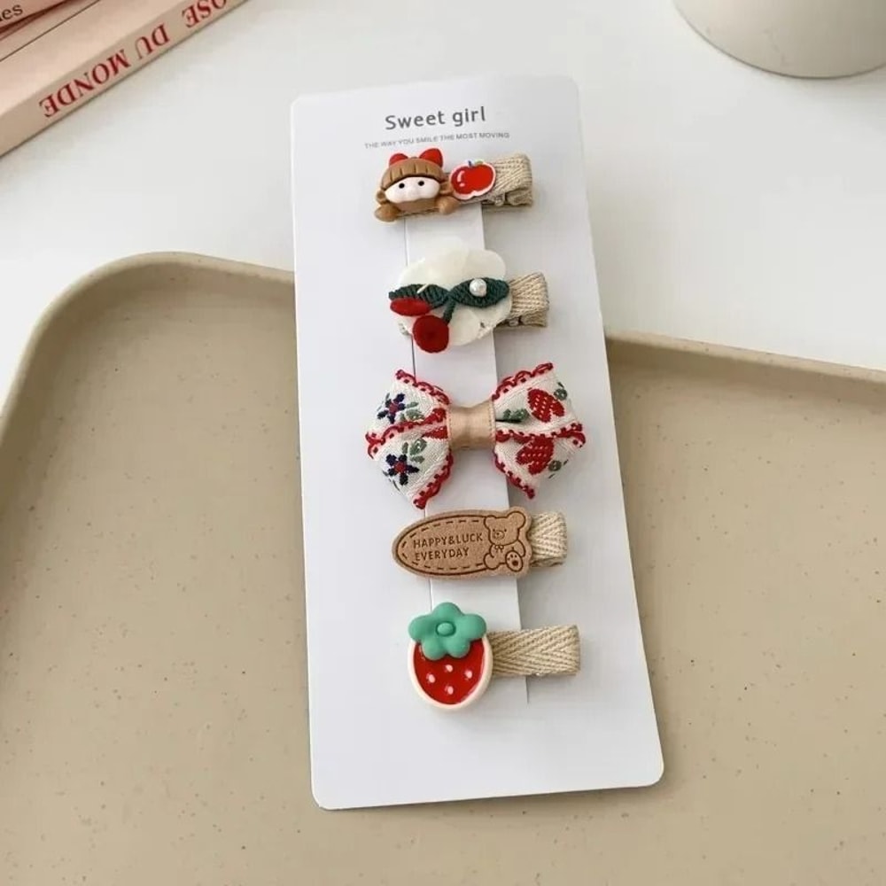 Sweet Kids Plush Hair Clip Set Kawaii AutumnWinter Beige Coffee Bowknot Headwear 5pcs 8