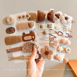 korean cartoon plush hair clips – cute winter rabbit & flower barrettes for girls (10-14pcs set)