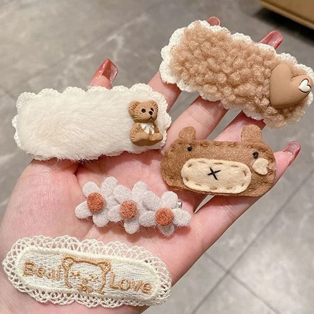 Korean Cartoon Plush Hair Clips Cute Winter Rabbit Flower Barrettes For Girls 1014PCS Set 2