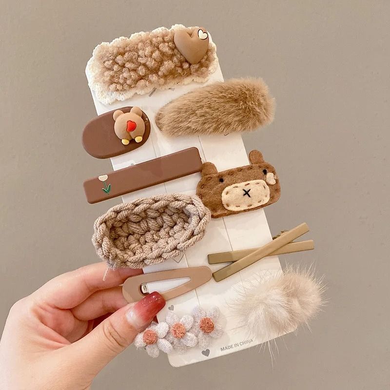 Korean Cartoon Plush Hair Clips Cute Winter Rabbit Flower Barrettes For Girls 1014PCS Set 7