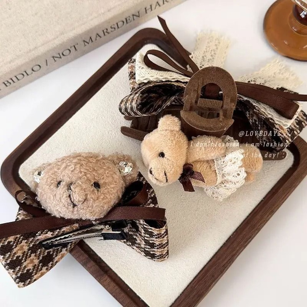 Teddy Bear Checkered Bow Hair Accessory HighPerformance AutumnWinter Fabric Shark Clip 0