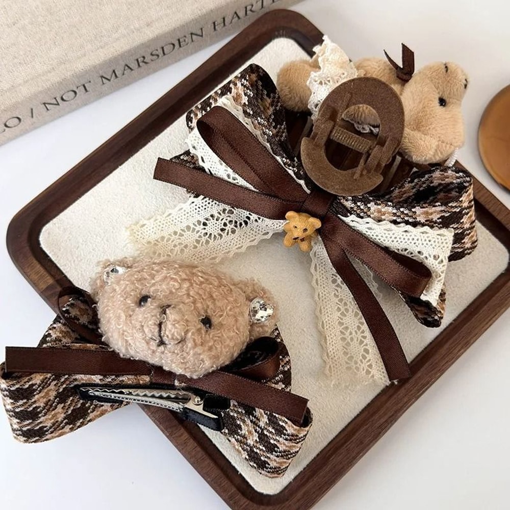 Teddy Bear Checkered Bow Hair Accessory HighPerformance AutumnWinter Fabric Shark Clip 2