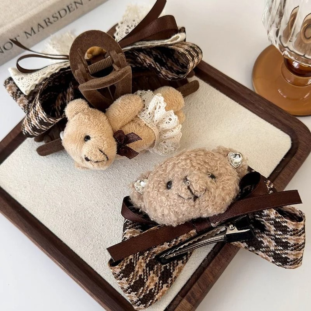 Teddy Bear Checkered Bow Hair Accessory HighPerformance AutumnWinter Fabric Shark Clip 3